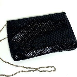 Vintage Black Slinky Metallic Mesh Silver Chain Evening Clutch Shoulder Bag